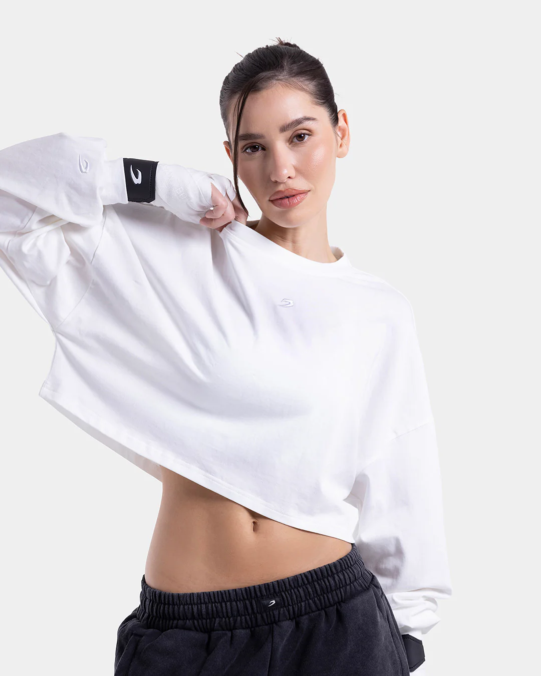 Strike Oversized Cropped Long Sleeve T-Shirt - White